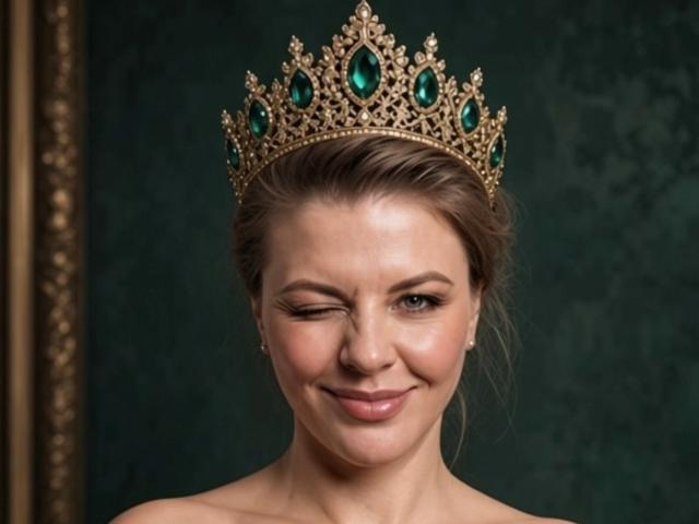 VeronikaGoldy with a gold crown featuring green jewels, winking and smiling, her tits are not visible, just a cute face and a pretty smile.