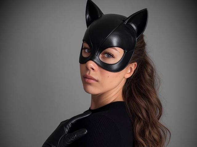 AmmaLoyXX, com uma máscara de orelhas de gato, luvas pretas e cabelo castanho ondulado, olhando para trás com uma expressão séria, vestindo uma blusa preta. Ela é uma garota sexy e com uma aparência forte..