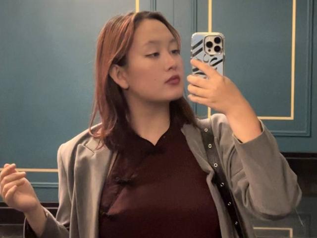 LoidaBoehl with brown hair, wearing a gray cardigan over a brown shirt, taking a mirror selfie, holding her phone with a blue and white patterned case.