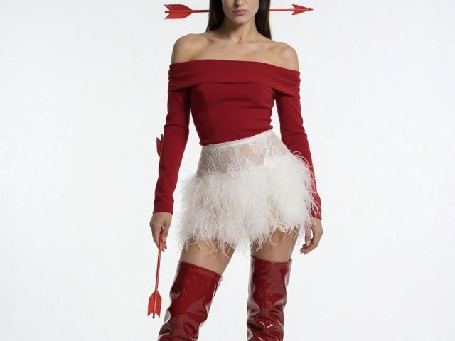 Nyxelle wears a red off-shoulder top, white fluffy skirt, and red thigh-high boots with a red arrow headpiece. She holds a red tassel in her right hand.