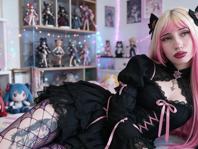 Madiy69 with pink and blonde hair, black lace dress, pink ribbons, fishnet stockings, tattoo on thigh, lying on bed, goth lolita style, purple lipstick, black hair bow.