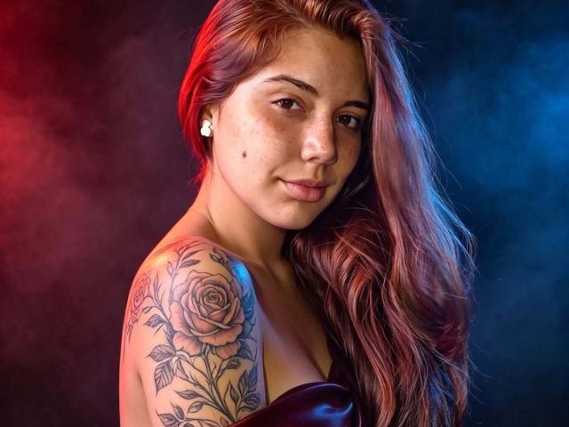 BrittanySmitf has red hair, freckles, and a rose tattoo on her right shoulder. She's wearing a strapless top and has small earrings. Her tits are partially visible.