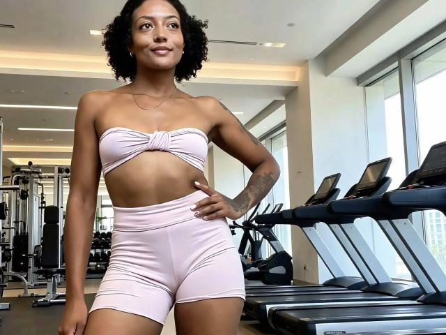 RoldanStefy, avec ses cheveux noirs et bouclés, ses petites seins, portant un crop top rose sans bretelles et un short taille haute, se tient dans une salle de sport avec des tapis de course, une main sur la hanche, et sourit..