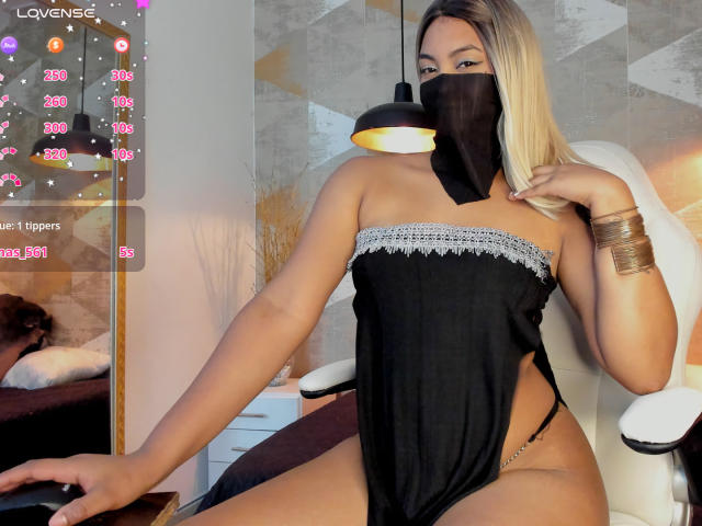 Eine dunkelhaarige Frau mit blonden Haaren, die eine schwarze Maske trägt und ein schwarzes, trägerloses Unterwäscheset mit silbernen Akzenten, sitzt auf einem weißen Stuhl und zeigt ihr Gesäß sowie einen schwarzen String..