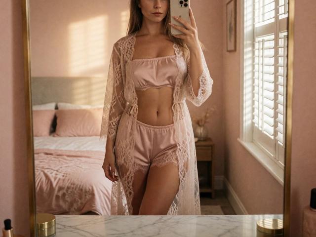 Jumiera, vêtue d'un soutien-gorge en satin rose, d'une culotte assortie et d'une robe en dentelle, tenant un téléphone pour un selfie devant le miroir. Seins visibles, robe en dentelle ouverte, peau claire, cheveux blonds, chambre rose..