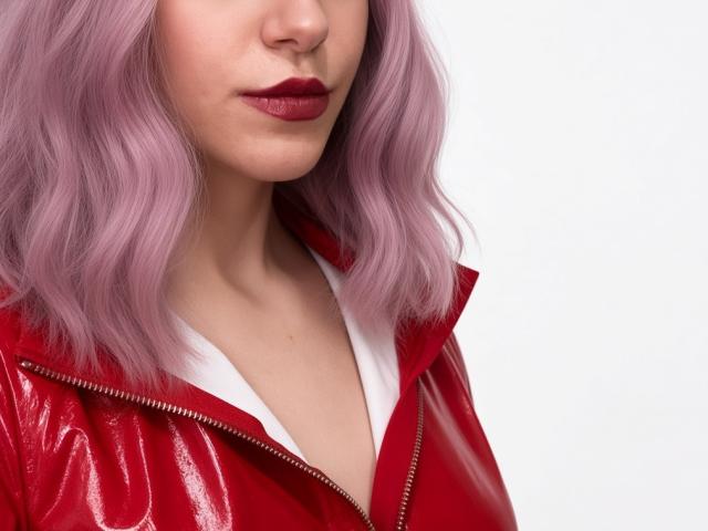 MiyaLila, con i capelli rosa ondulati, una giacca di pelle rossa lucida, una camicia bianca e rossetto rosso, mostra il collo e la parte superiore del petto. Il seno è parzialmente visibile sotto la giacca..