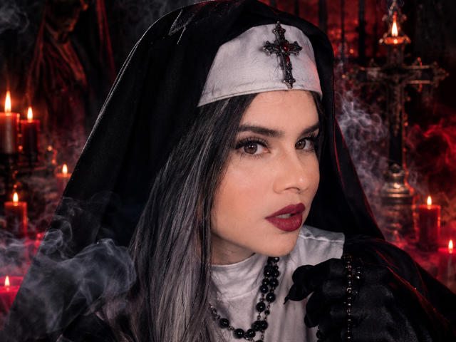 CamilaFetishDirty, with pale skin and dark lipstick, wears a black nun's habit with a white cross, holding a rosary, surrounded by red candles and smoke.