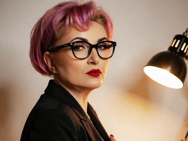 IsabelaConte with pink hair, black glasses, red lipstick, and black jacket, looking over shoulder, under black lamp. Her tits are small, and she's got a cute, nerdy vibe.