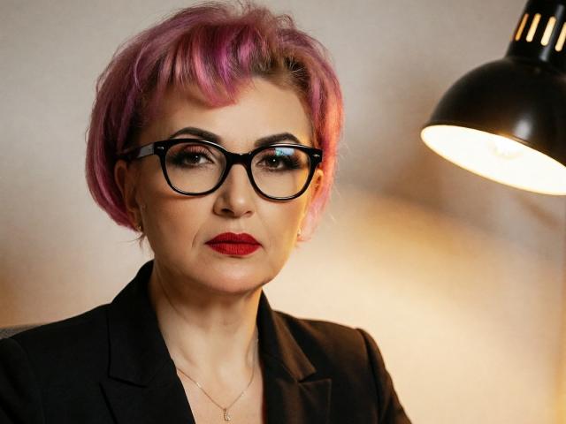 IsabelaConte with pink hair, black glasses, red lipstick, black blazer, and a gold necklace, looking serious under a black lamp. Her tits are small, and she's hot.