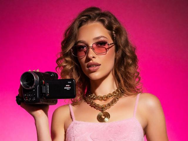 JessicaGibson with curly brown hair, pink glasses, pink tank top, gold chain necklace, and holding a black camera against a bright pink background. Boobs visible under the tank top.