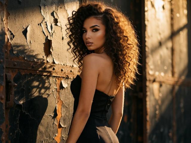 KayaOcean with curly brown hair, looking over her shoulder, wearing a black strapless dress, showing her ass, standing against a rough, sunlit, cracked wall.