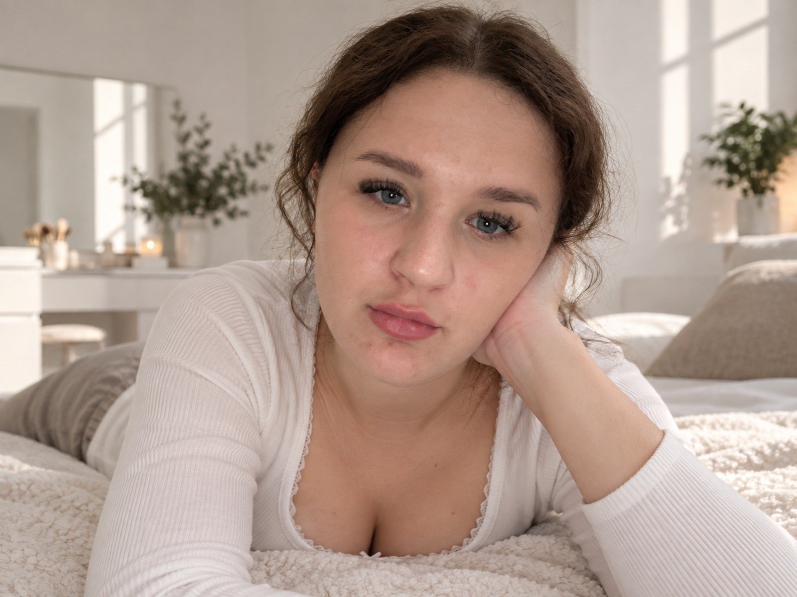 Ligia Hamalainen ha labbra rosa e carnose, occhi azzurri e piccoli seni, indossa una maglietta bianca, è sdraiata su un letto, con una mano sul viso, in una stanza luminosa..