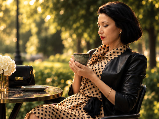 CameronEnns with short black hair, wearing a black leather jacket and polka dot dress, sips from a green mug at a sunny outdoor table, holding white flowers.