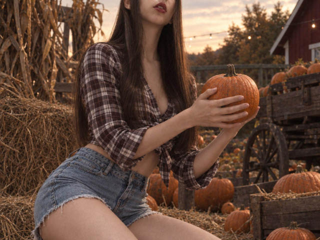 WollyMolly avec de longs cheveux bruns, une chemise à carreaux nouée à la poitrine, un short en jean, tenant une citrouille, assise sur du foin, coucher de soleil, lèvres rouges, mignonne, sexy, automne, cadre rustique de ferme..