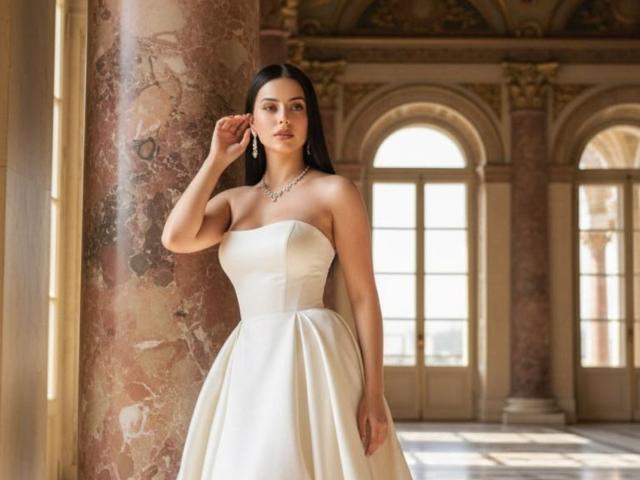 IsabellaJames stands in a sunlit room, wearing a strapless white dress, touching her ear with one hand, showing her tits, and wearing a necklace, with dark hair.