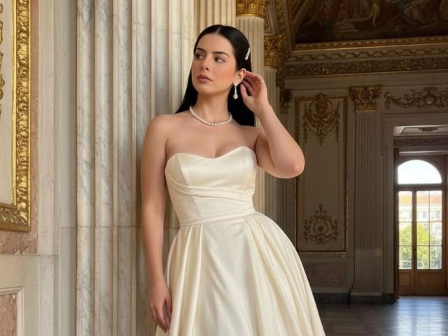 IsabellaJames with long black hair, wearing a strapless white satin dress and pearl necklace, standing against marble columns, touching her ear. She has a pretty face and small tits.