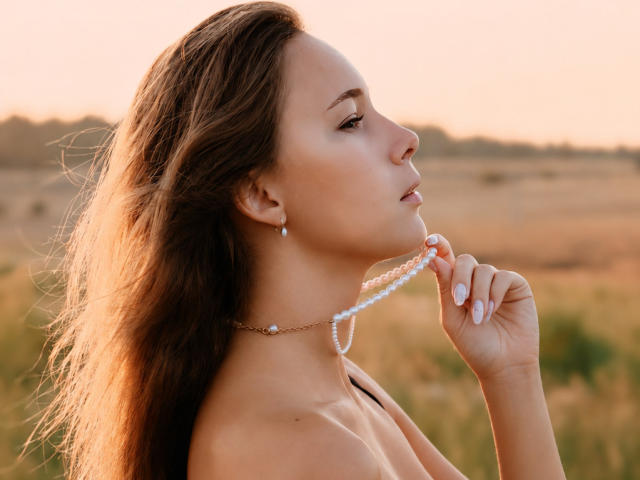 AmmaLoyXX, con cabello largo y castaño, sosteniendo un hilo de cuentas blancas cerca de su boca, usando un collar y aretes de perlas, mirando hacia un lado en un campo iluminado por el sol..