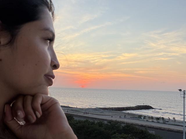 Le profil de Gabrielafoxxy, avec des lèvres boudeuses, le menton reposant sur la main, un coucher de soleil sur l'océan, un ciel orange, une eau calme, un petit brise-lames rocheux, une plage, du vert en premier plan, sur le côté droit de l'image..