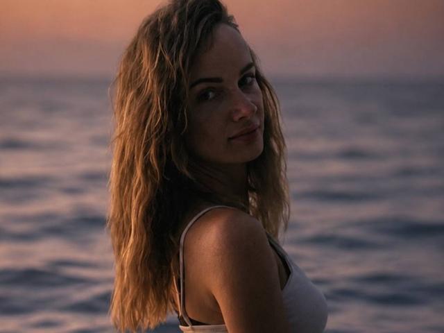 AinyrVixxen with wavy blonde hair, side glance, subtle smile, white tank top, showing her ass, standing in a dark, calm ocean during sunset.