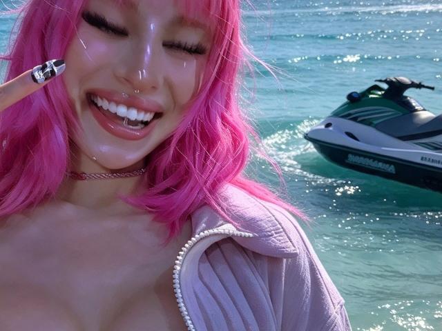 Madiy69 with pink hair, smiling, showing white teeth, pierced nose, choker, pink jacket, water on face, holding up finger with black and white nail, water jet ski in background.