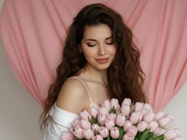 DellaSwartzbaugh with wavy brown hair, off-shoulder white top, holding pink tulips, pink heart-shaped backdrop, soft smile, closed eyes, subtle makeup, cute, feminine, gentle.