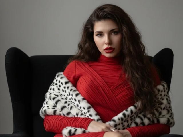 DellaSwartzbaugh with long, wavy brown hair, wearing a red, ruched dress and a black-and-white fur stole, sitting in a black chair, looking serious with red lipstick.