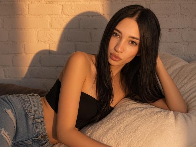 TamMellady, con lunghi capelli neri, pelle abbronzata e piccoli seni, indossa un top nero senza spalline e jeans strappati, sdraiata su un cuscino bianco, con il sole che proietta un'ombra su di lei..