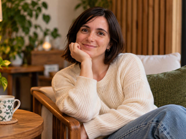 Clarette Winslow, con cabello castaño corto, sonriendo, con el mentón apoyado en la mano, vestida con un suéter blanco de punto, sentada en una silla de madera, jeans azules, un cojín verde detrás de ella..