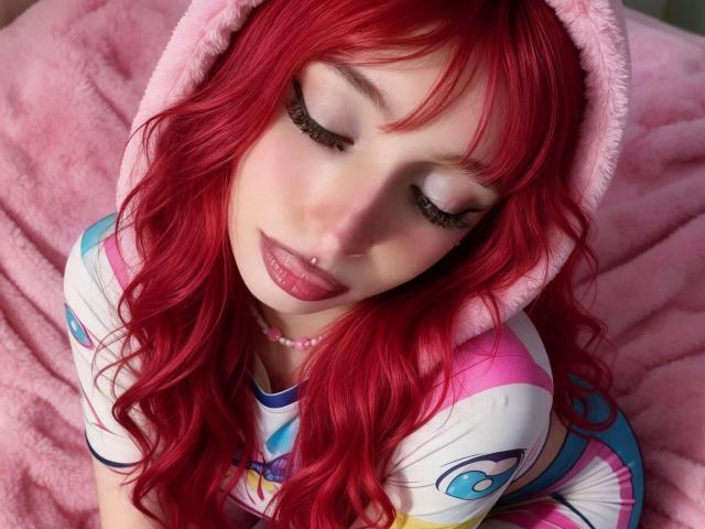 Madiy69 with red hair, pink hoodie, and white, pink, blue, and purple top, eyes closed, tongue slightly out, pink lips, and a nose ring, sitting on a pink blanket.
