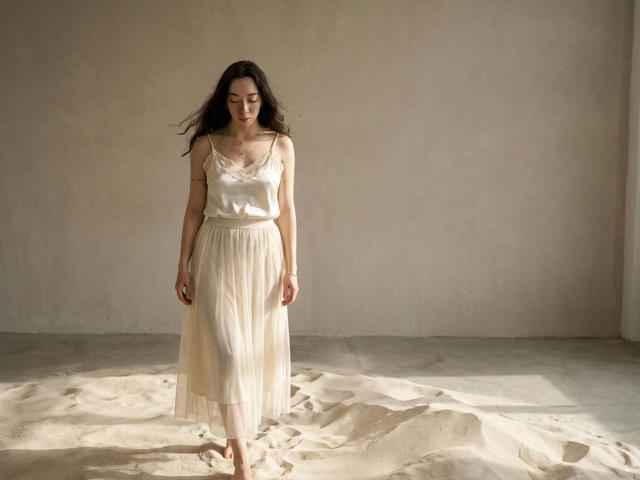 ClaireSpisak with long brown hair, wearing a white satin dress, standing on sandy floor, eyes closed, arms relaxed, soft sunlight, gentle shadow, bare feet, calm expression.