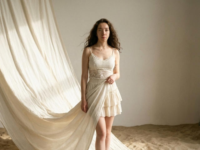 ClaireSpisak with wavy brown hair, wearing a white lace sleeveless top and ruffled cream dress, holding fabric, standing on sandy floor, light filtering from the left.