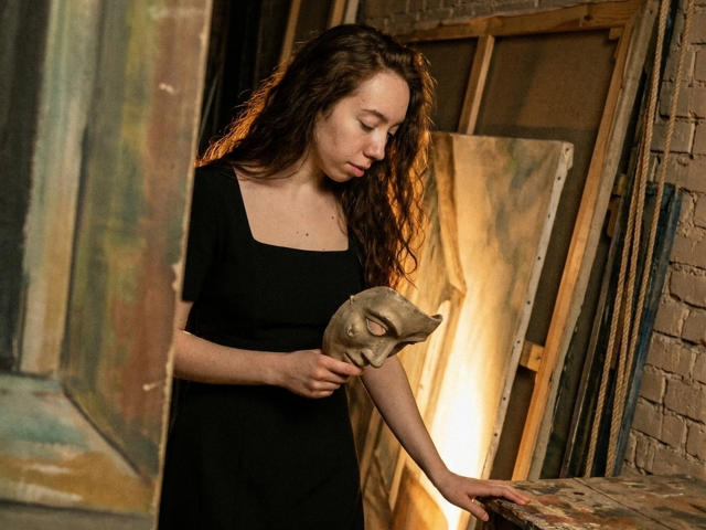 ClaireSpisak with wavy brown hair, wearing a black dress, holds a small, tan, pig-like mask, her hand on a wooden surface, looking down with a focused expression.