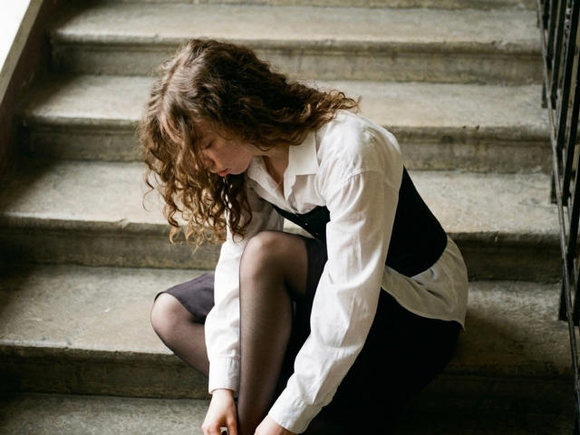 ClaireSpisak with curly brown hair, sitting on concrete stairs, wearing a white shirt, black vest, and black skirt, looking down with a sad expression, hands on knees.