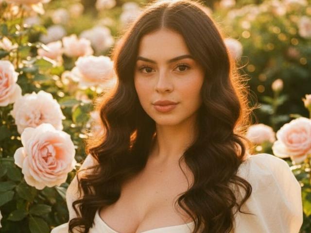 IsabellaJames with long, wavy brown hair, full tits, and a white dress, standing in a field of pink roses during golden hour, looking directly at the camera.