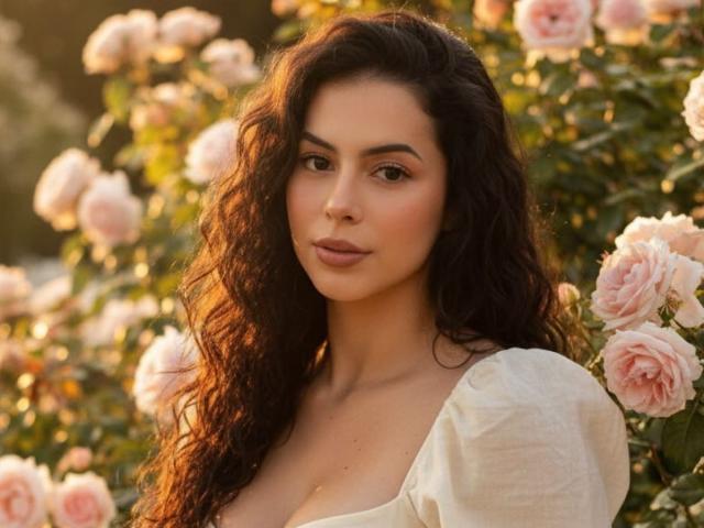 Isabella, avec ses cheveux noirs ondulés, ses doux yeux marron et sa peau légèrement bronzée, porte un haut blanc à manches bouffantes et est entourée de roses roses dans un jardin baigné de soleil..