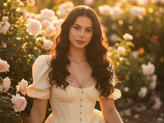 Isabella James, con cabello castaño largo y ondulado, vestida con un vestido tipo corpiño color crema, mostrando sus senos en un jardín de rosas iluminado por el sol, con su trasero ligeramente visible, brillando en la luz dorada..