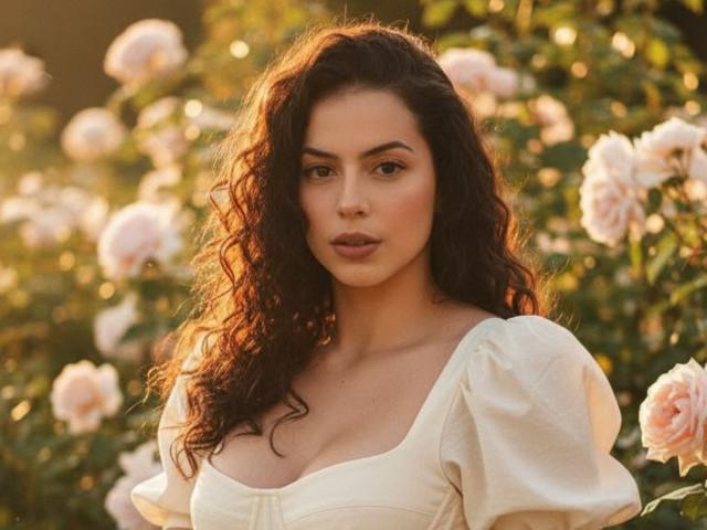 Isabella, con capelli castano scuro ondulati, indossa un abito bianco con maniche a sbuffo, mostrando il seno, ed è circondata da rose rosa illuminate dal sole..