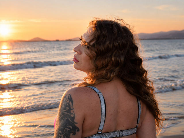Tessa, com cabelos castanhos ondulados, de costas para a câmera, usando um biquíni cinza, mostrando uma tatuagem no braço direito, em pé ao pôr do sol à beira-mar. Seios visíveis..