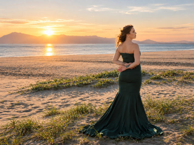 TessaDaybreak stands on a sandy beach at sunset, wearing a dark green, strapless, mermaid-style dress, with her back to the camera, hands clasped, looking at the sunset.