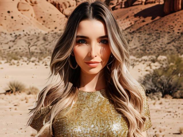 YukiCherry, con su larga y ondulada cabellera rubia, vestida con una blusa dorada brillante, tiene un rostro bonito, grandes ojos marrones y una sonrisa sutil, y está de pie en un desierto..