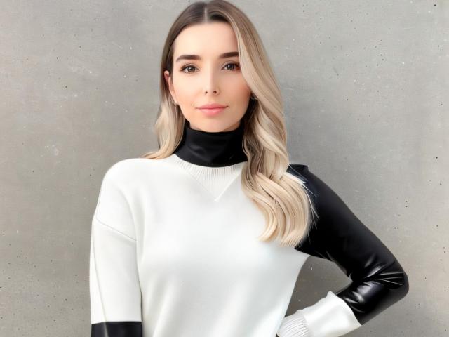 YukiCherry, com cabelo loiro, vestindo um suéter de gola alta preto e branco, mangas pretas e brancas, em pé, com as mãos na cintura, expressão neutra, luz suave, fundo de parede de concreto..