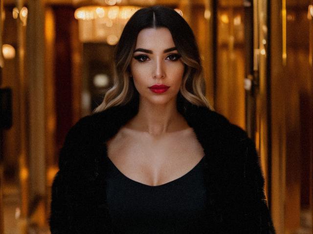 YukiCherry, con cabello rubio largo y ondulado, lápiz labial rojo, chaqueta de piel negra y top negro, mostrando sus senos, con una expresión seria en un pasillo dorado tenuemente iluminado..