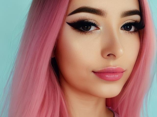 YukiCherry tiene el cabello rosa, delineador de ojos negro y grueso, y lápiz labial rosa. Sus ojos marrones miran ligeramente hacia un lado, con una sonrisa sutil en sus labios brillantes..