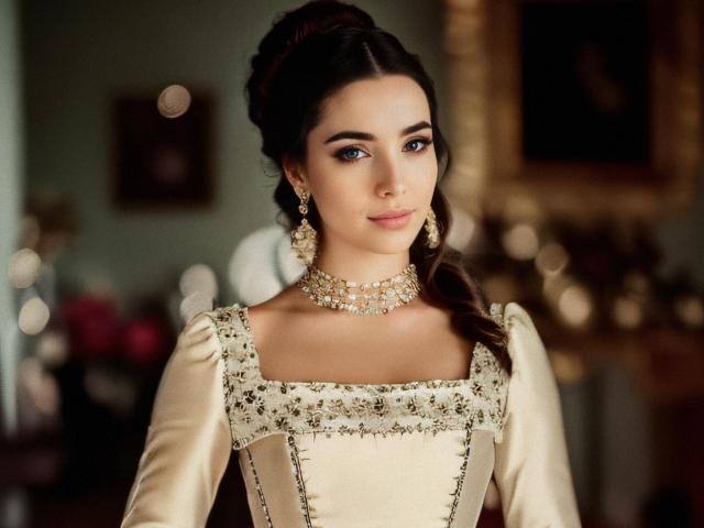 YukiCherry heeft een lichte huid, donkerbruin haar in een vlecht, blauwe ogen en draagt een beige jurk met borduursels, wijde mouwen en een ketting met juwelen. De borsten zijn bedekt..