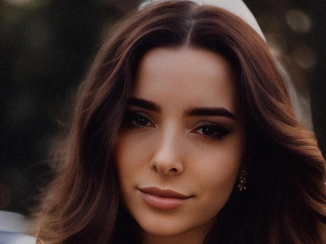 YukiCherry a les cheveux bruns ondulés, des sourcils épais, des yeux verts et un sourire discret avec des lèvres roses. Elle porte de petites boucles d'or et regarde directement l'appareil photo..
