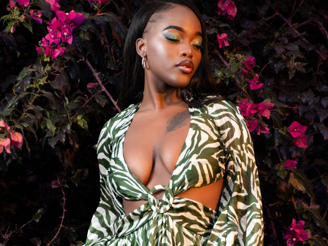 ZenyaEbony, con la pelle scura, trucco occhi verde e giallo, indossa una maglietta a righe zebrate che mette in mostra il suo seno, è in piedi davanti a fiori rosa e appare sicura di sé..