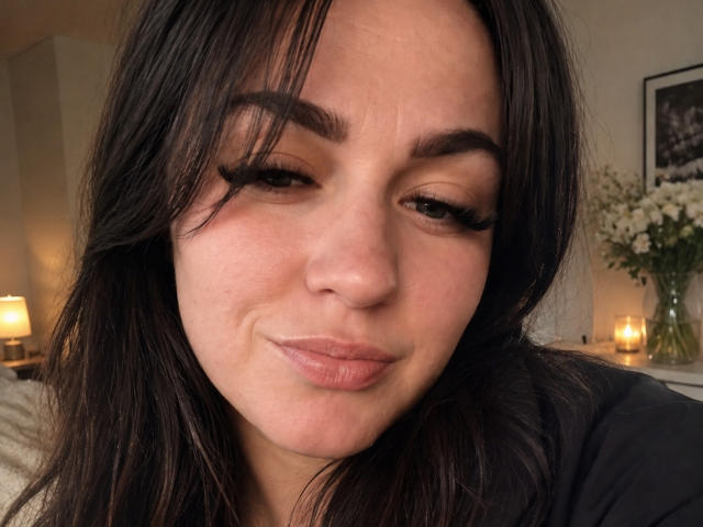 KarolineFran met donkerbruin haar, dikke wenkbrauwen, lange wimpers en een lichte glimlach, waarbij een klein, fronsend lipje en lichte rimpels op haar voorhoofd zichtbaar zijn. Zacht licht..