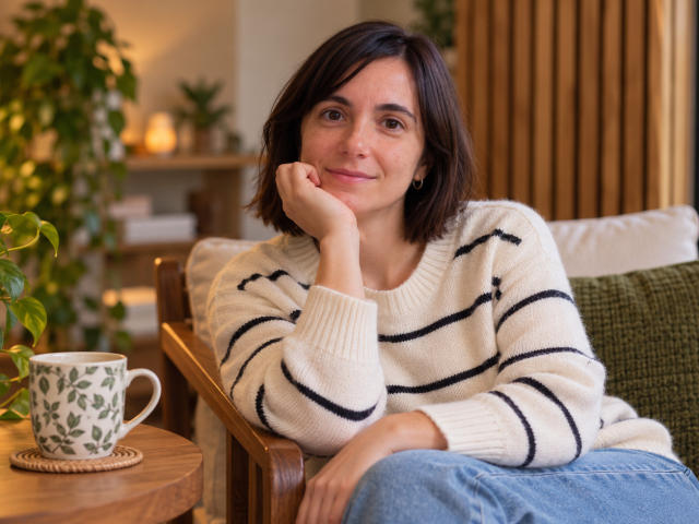 Clarette Winslow, con i capelli castani corti, sorridente, indossa un maglione bianco a righe e appoggia la testa sulla mano, seduta su una sedia verde, con una tazza di legno con un motivo a foglie verdi su un tavolo di legno..