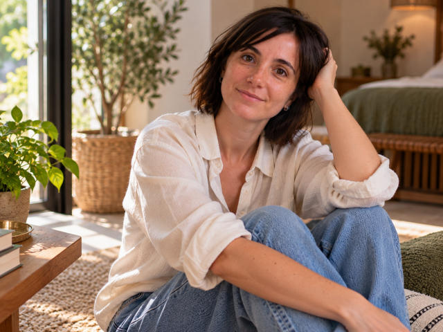 ClaretteWinslow with short brown hair, wearing a white button-up shirt and blue jeans, sitting with a relaxed smile, hand in hair, green plant in background, natural light.