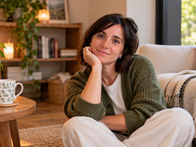 Clarette Winslow mit kurzen, braunen Haaren, einem grünen Pullover, einem weißen Oberteil und weißen Hosen, sitzt im Schneidersitz, lächelt und hat den Kopf in der Hand, in einem gemütlichen Raum mit einem Holztisch..